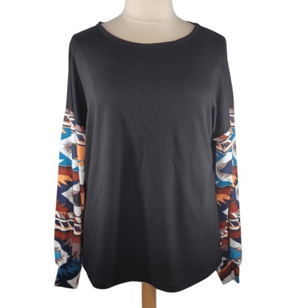 MISSLOOK Black Long Sleeve T-Shirt with Patterned Sleeves‎